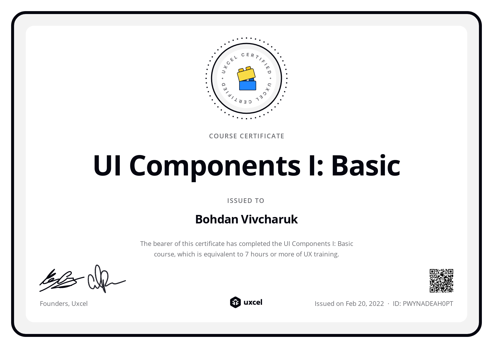 Bohdan Vivcharuk's certificate